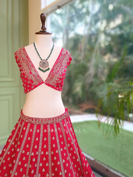 Kimkhab Red Gajji Silk Unstitched Bridal Lehenga