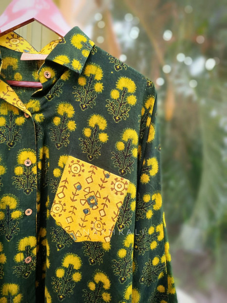 Banjara Green Cotton Oversized Shirt with Dandelion Inspired Print