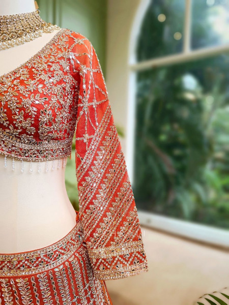 Kaira Orange Mirror Work Silk Lehenga