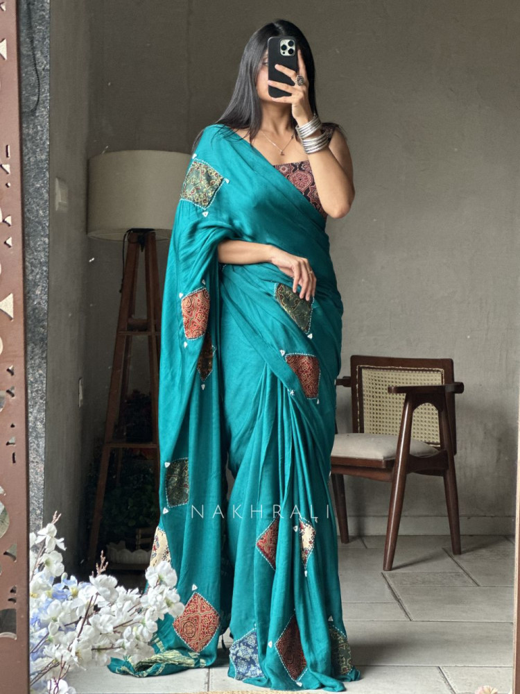 Image of Kasha Green Patchwork Zari Weave Saree with Running Blouse Piece