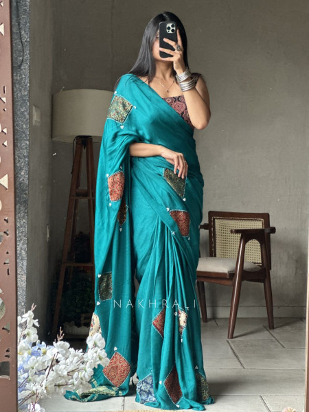 Kasha Green Patchwork Zari Weave Saree with Running Blouse Piece