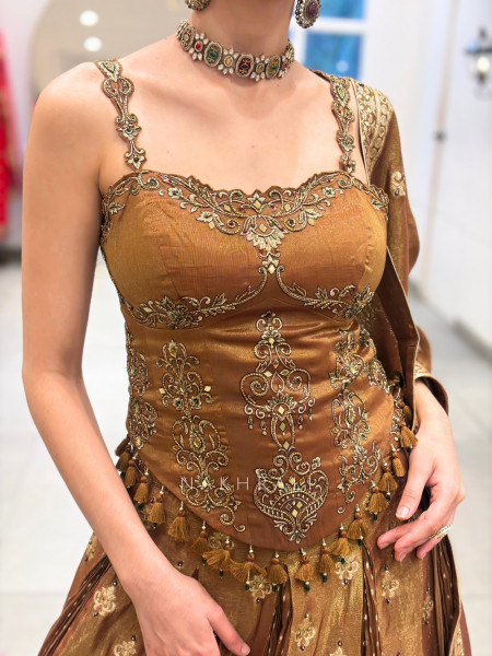 Surmayi Brown Tissue Silk Indo-Western Lehenga