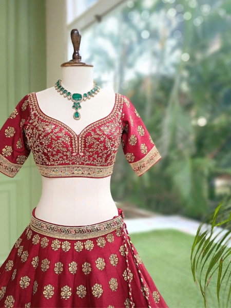 Gulaal Durbar Maroon Raw Silk Lehenga Set  With Zardozi Floral & Meenakari Border Work