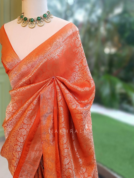 Noor-e-Kashi Katan Silk Orange  Saree With Banarasi Zari Brocade Weave
