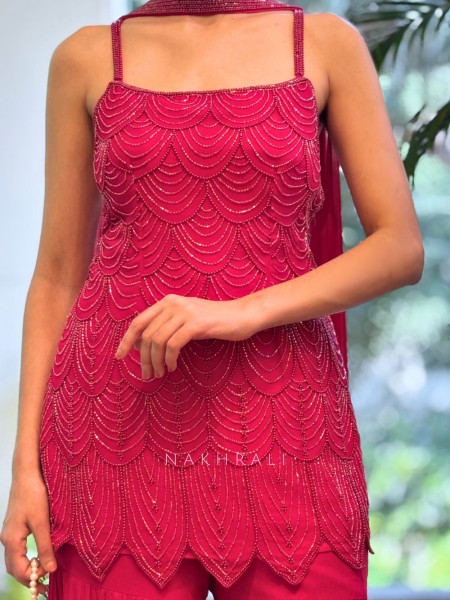 Royal Aura Magenta Gharara Set with Pearl and Cutdana Work