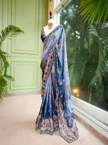 Meira Ocean Blue Printed Saree with Gota Embroidery