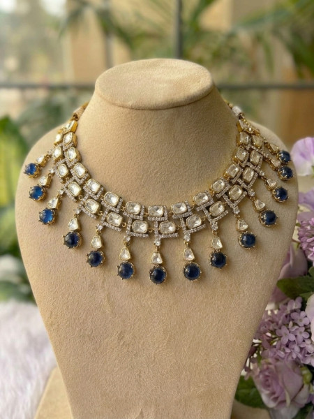 Rivanya Navy Blue Necklace Set With Crystal and Drop Stone Detail