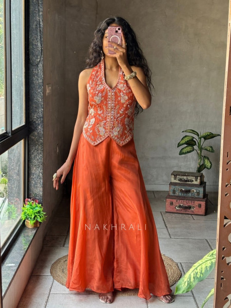 Kriyara Orange Indo-Western Palazzo Set with Embroidered Jacket