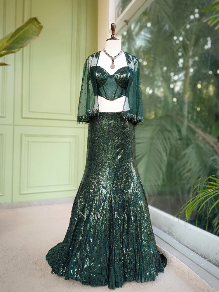 Image of Emerald Gleam Green Sequin Indo Western Lehenga with Cape Blouse