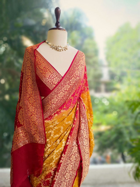 Gulaal Maroon Yellow Bandhani Silk Saree with Zari Border