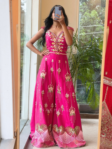 Viana Tassel Magenta Raw Silk Blend Indo-Western Jumpsuit