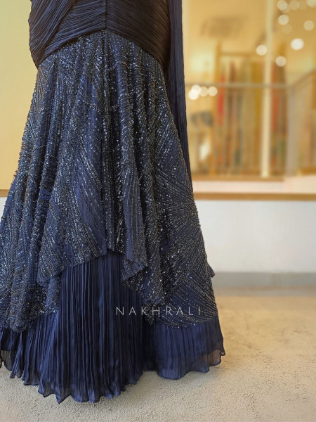 Shailja Blue Georgette Pre-Draped Saree Set with Sequin Bustier