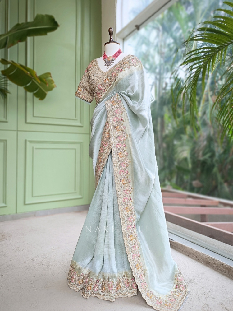 Image of Osh Sky Blue Metallic Tissue Silk Saree with Readymade Blouse