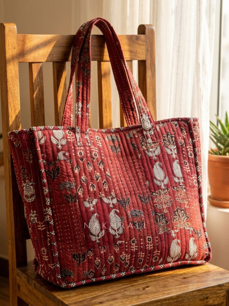 Sangam Red Printed Zip Tote Bag