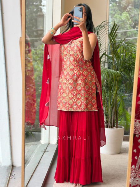 Heera Bottle Red Banarasi Brocade & Crushed Georgette Palazzo Suit Set