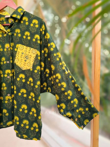 Banjara Green Cotton Oversized Shirt with Dandelion Inspired Print