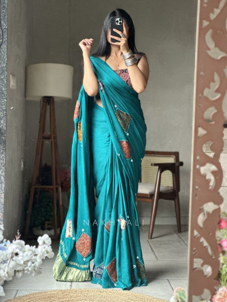 Kasha Green Patchwork Zari Weave Saree with Running Blouse Piece
