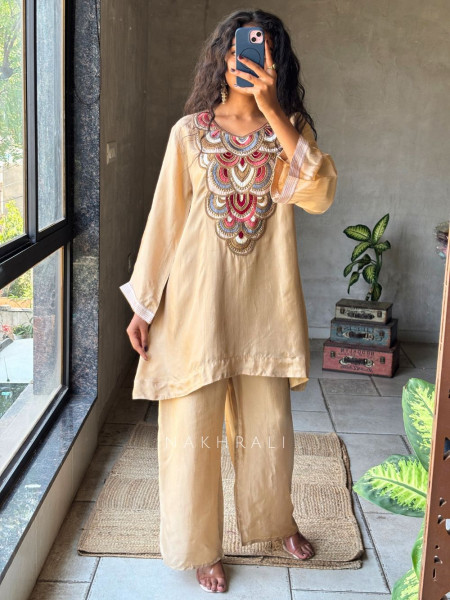 Zuri Beige Chanderi Silk Kurta Palazzo Set