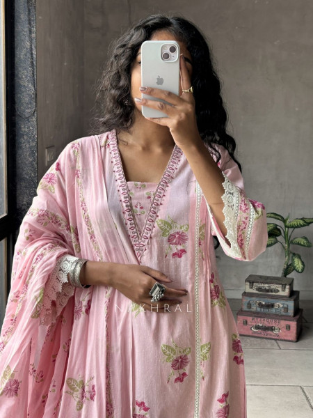 Phoolika Pink Printed Suit Set with Lace Detail
