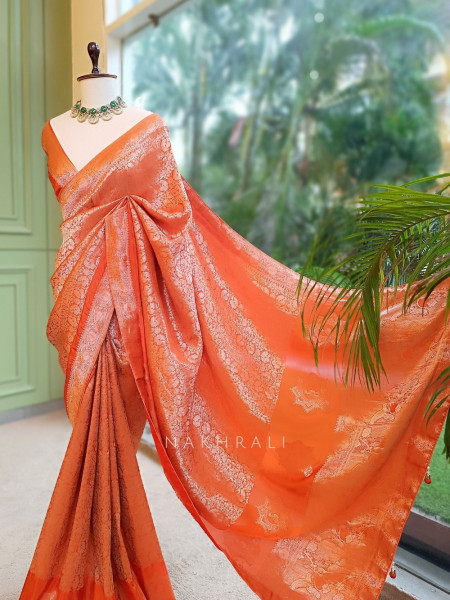 Noor-e-Kashi Katan Silk Orange  Saree With Banarasi Zari Brocade Weave