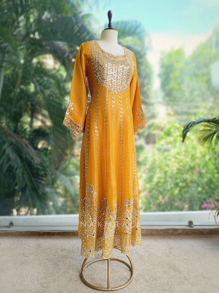 Tanira Mustard Mirror Work Anarkali Set with Embroidered Dupatta