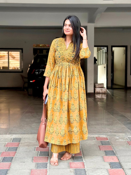 Noorjahan Mustard Yellow Cotton Kurta Set –Printed Work