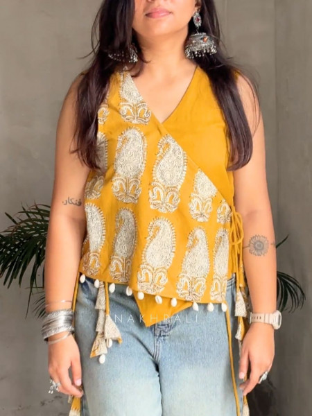 Bijuria Yellow Cotton Koti with Kodi Detailing