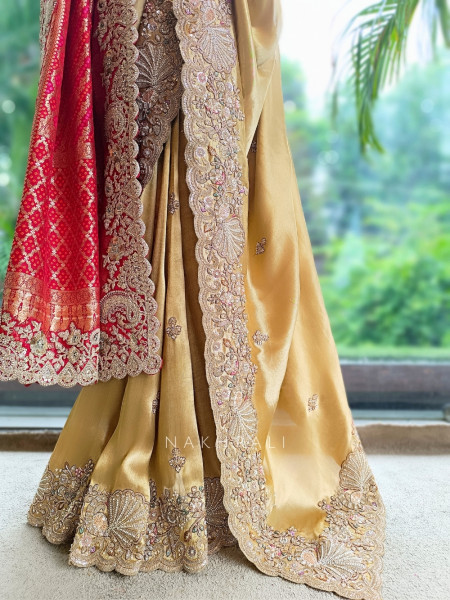 Celestial Golden Satin Silk Saree With Red Embroidered Dupatta