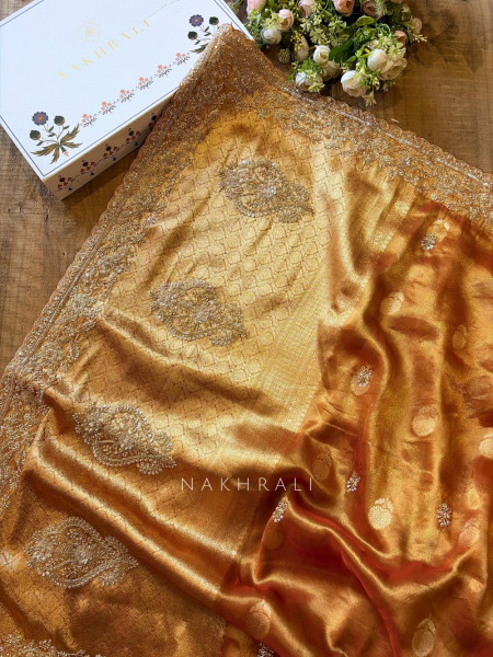 Trivana  Golden Brocade Saree with Cut Dana and Sequin Work