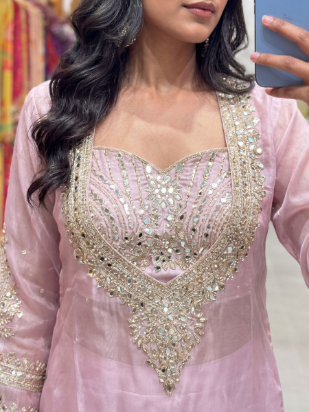 Nazm Pink Kurti Palazzo Suit Set With Mirror Embroidery