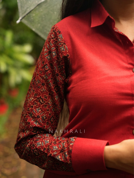 Sahir Red Cotton Button-Down Dress