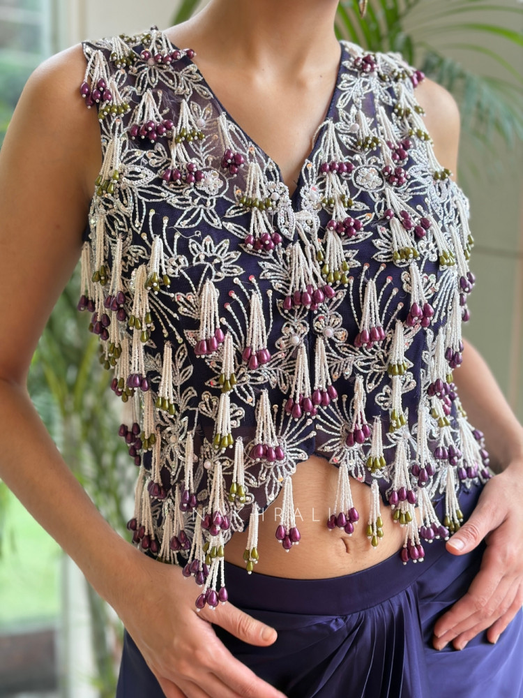 Image of Fringe Fusion Blue Drape Skirt Crop Top Set