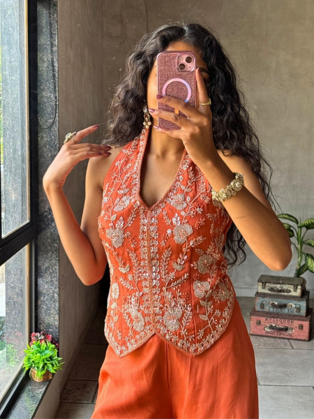 Kriyara Orange Indo-Western Palazzo Set with Embroidered Jacket