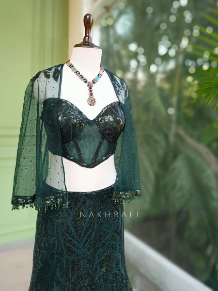 Emerald Gleam Green Sequin Indo Western Lehenga with Cape Blouse