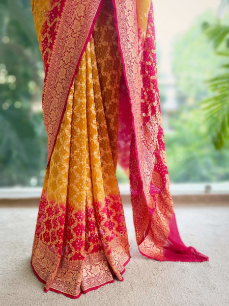 Gulaal Maroon Yellow Bandhani Silk Saree with Zari Border