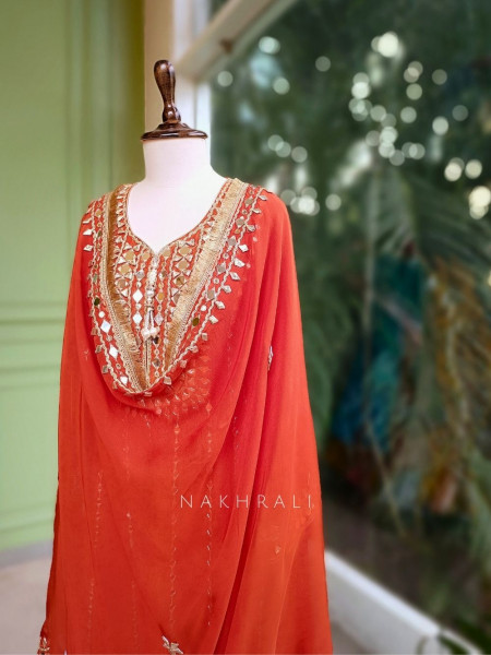 Aaranya Orange Mirror Embroidered Anarkali Set