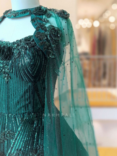 Mrinalini Green Net Indo Western Mermaid Lehenga Set with Geometric Sequin Work