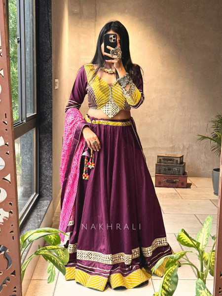 Garba Glam Wine Crop Top Lehenga- Dandiya Diva Collection