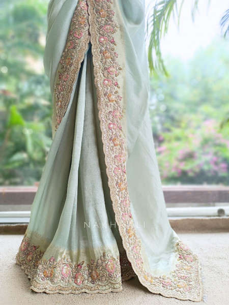 Osh Sky Blue Metallic Tissue Silk Saree with Readymade Blouse