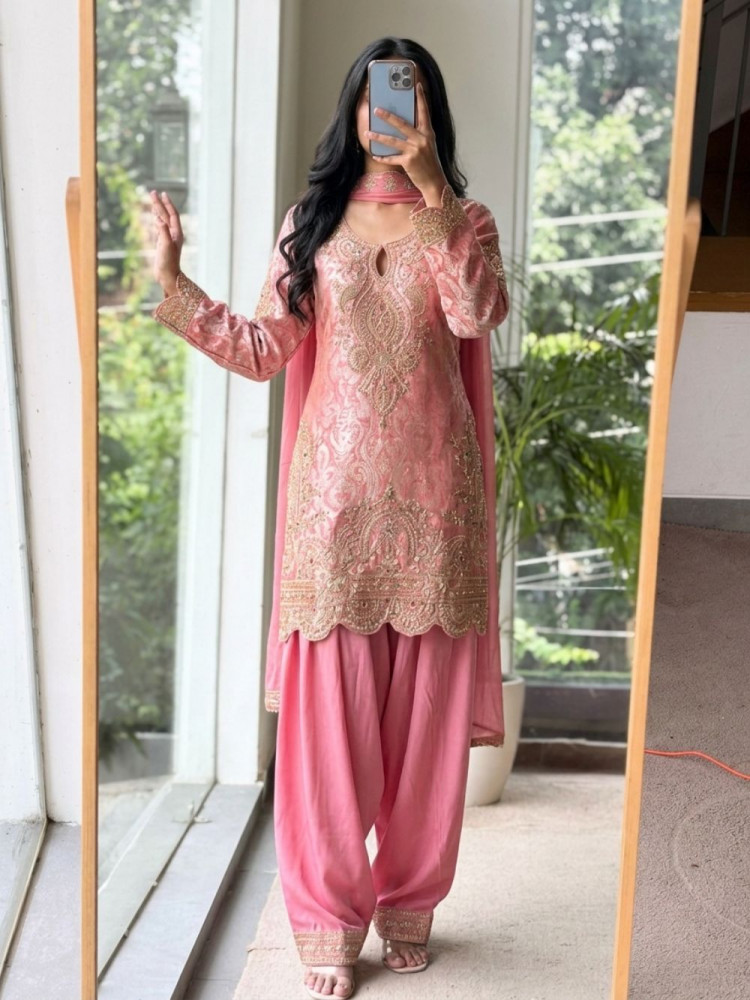 Image of Aafree Pink Banarasi Silk Brocade Suit Set With Nakshi, Cutdana &amp; Zari Work