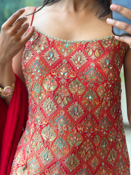 Heera Bottle Red Banarasi Brocade & Crushed Georgette Palazzo Suit Set