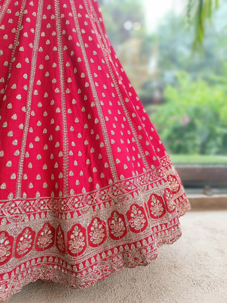 Kimkhab Red Gajji Silk Unstitched Bridal Lehenga