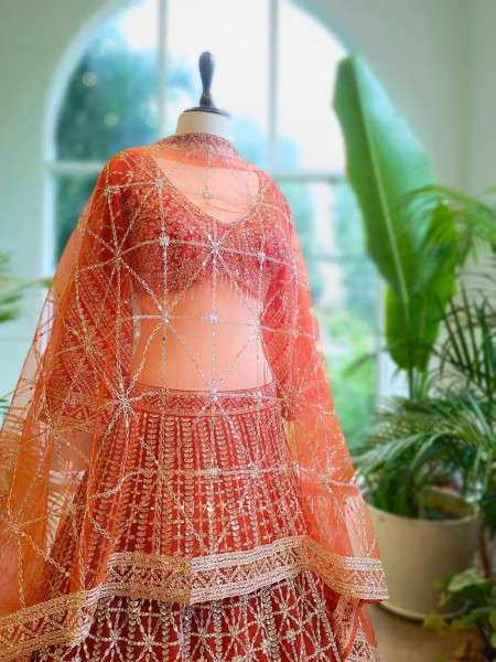 Kaira Orange Mirror Work Silk Lehenga