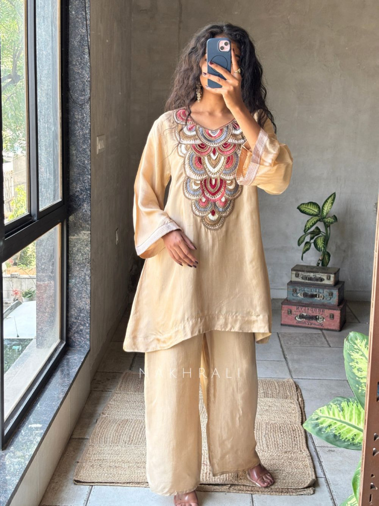 Image of Zuri Beige Chanderi Silk Kurta Palazzo Set