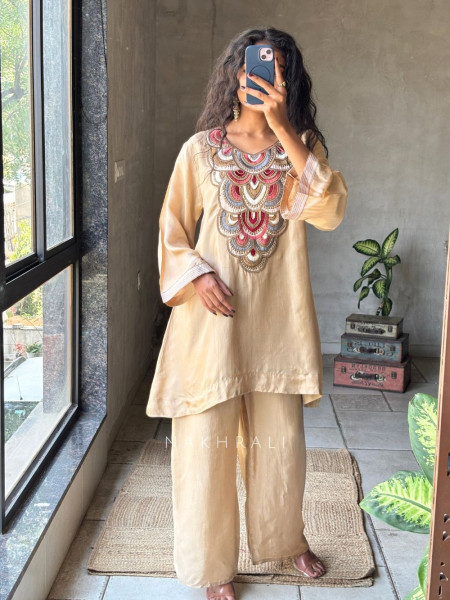 Zuri Beige Chanderi Silk Kurta Palazzo Set