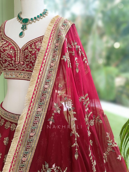 Gulaal Durbar Maroon Raw Silk Lehenga Set  With Zardozi Floral & Meenakari Border Work