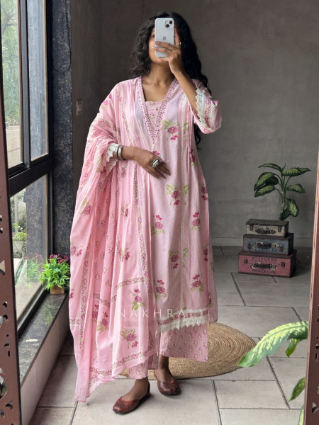 Phoolika Pink Printed Suit Set with Lace Detail