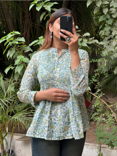 Petal Muse Turquoise Casual Cotton Top