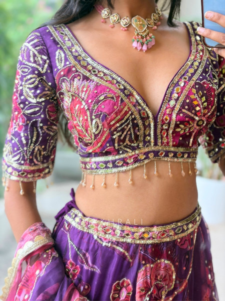 Nishaara Purple Organza Silk Lehenga Set