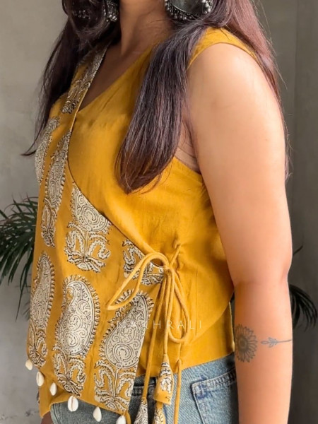 Bijuria Yellow Cotton Koti with Kodi Detailing